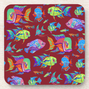 Porta-copo Peixes tropicais divertidos em vermelho escuro