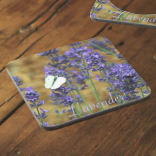 Porta-copo Pequena Borboleta Branca na Floral de Lavanda