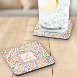 Porta-copo Personalized Floral & Plaid Coaster Set