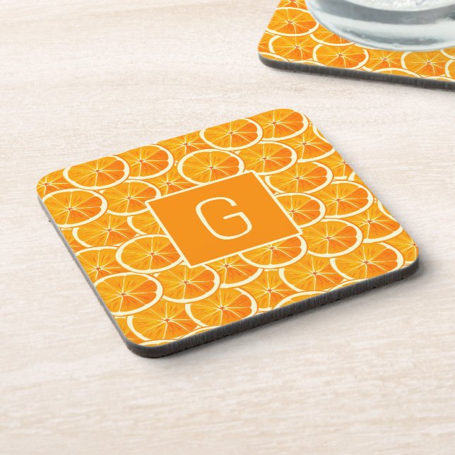Porta-copo Personalized Orange Citrus Monogram Square Coaster (Left Side)