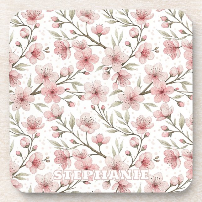 Porta-copo Pink Cherry Blossom Sakura Padrão em Branco (5) (Frente)