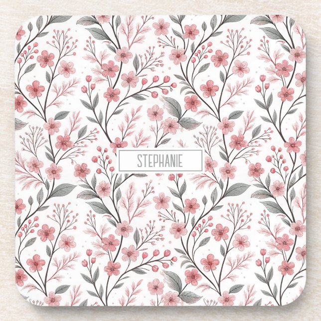 Porta-copo Pink Cherry Blossom Sakura Pattern on White (1) (Frente)
