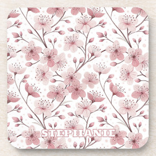 Porta-copo Pink Cherry Blossom Sakura Pattern on White (2)