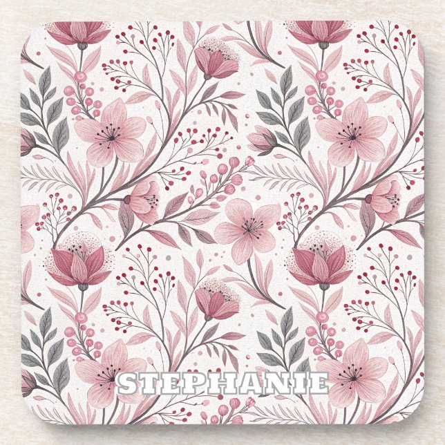 Porta-copo Pink Cherry Blossom Sakura Pattern on White (3) (Frente)