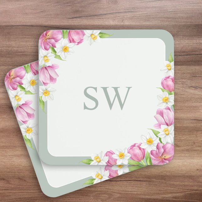 Porta-copo Pink Tulips Spring Flowers Monogram Coasters (Criador carregado)