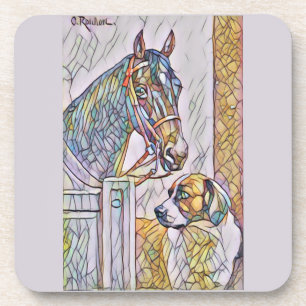 Porta-copo pintura clássica de cavalo e cachorro em vitral