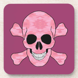 Porta-copo Pires Camuflados Rosa com Caveira e Ossos Cruzados