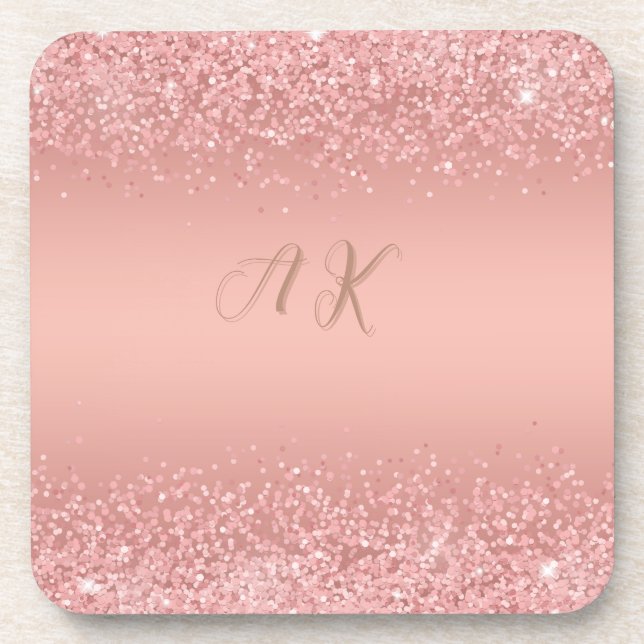 Porta-copo Pires com Monograma Luxuoso Brilho em Dourado Rosa (Frente)