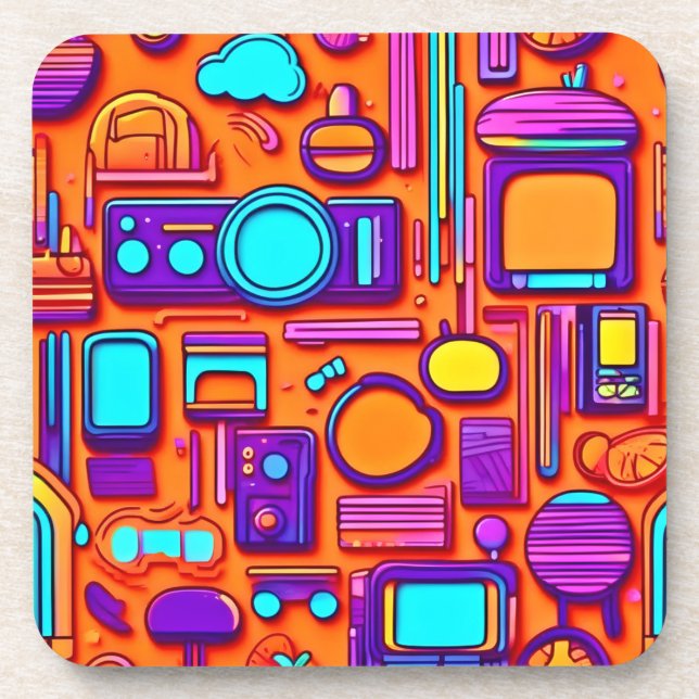 Porta-copo Pop da Retro-Tech: Colagem de Gadgets Nostálgicos (Frente)