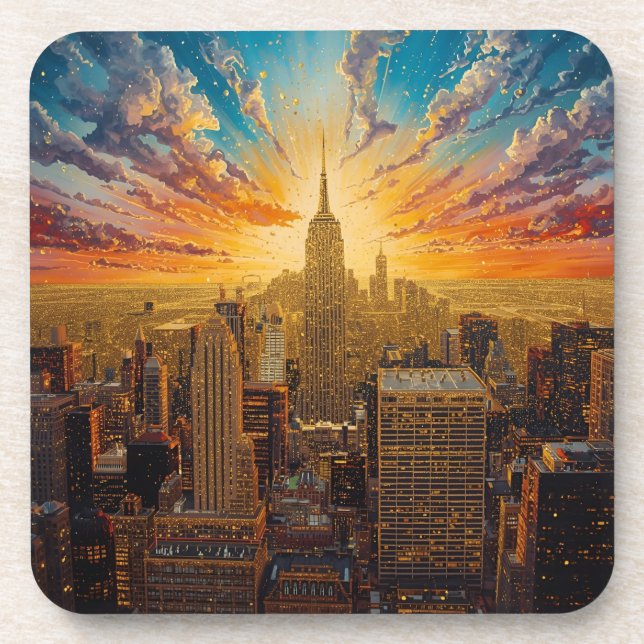 Porta-copo Pôr do Sol Dourado Sobre a Silhueta da Cidade de N (Frente)
