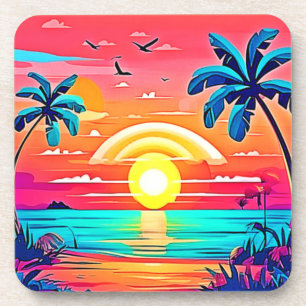 Porta-copo Pôr do sol na praia tropical com arco-íris