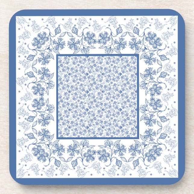 Porta-copo Portas copos Quadradas de Borda Floral Azul do Ind (Frente)