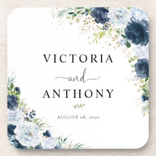 Porta-copo Pousa-copos de casamento floral azul marinho quadr
