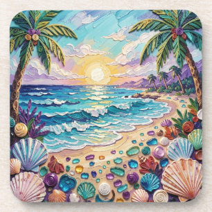 Porta-copo Praia Impasto e Vidro do Mar Pôr do Sol e Palmeira