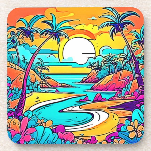 Porta-copo Praia Tropical Sunset Vibrante (Frente)