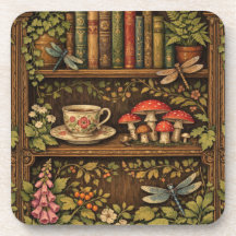 Prateleira de livros retrô cogumelos café floral 