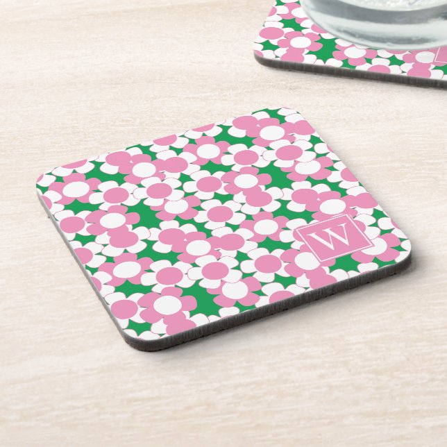 Porta-copo Preppy Daisy Bloom – Monograma Rosa e Verde (Left Side)