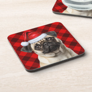 Porta-copo Pug de Natal Tema Festa de Cachorro Buffalo Plaid