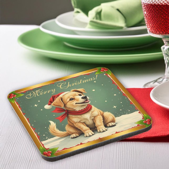 Porta-copo Puppy Dourado Natal Doce  (Sweet Christmas Golden Puppy Beverage Coaster by the Olde Christmas Shoppe)