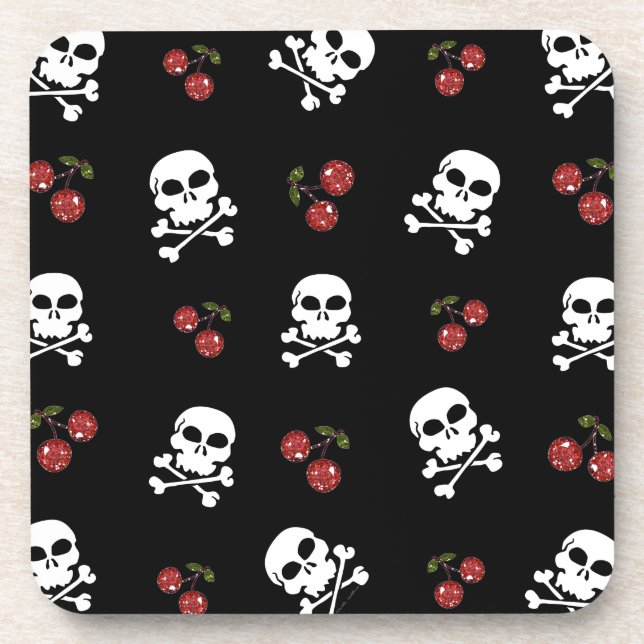 Porta-copo RAB Rockabilly Caveiras e Cerejas em Preto (Frente)