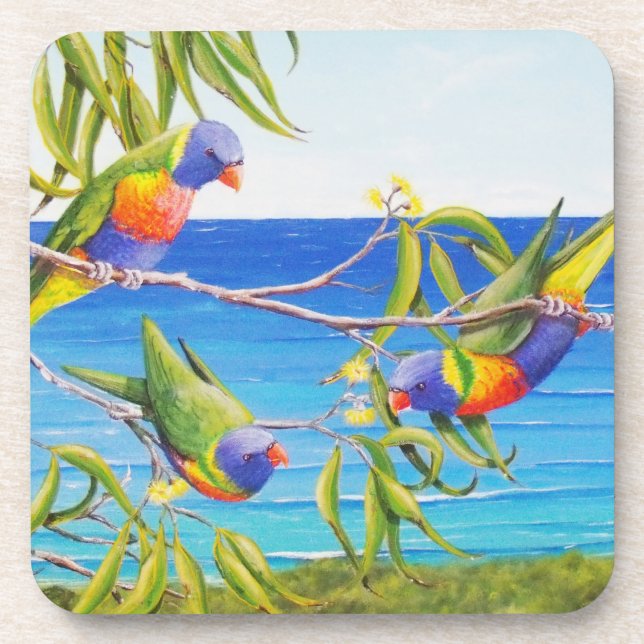 Porta-copo Rainbow Lorikeet Beachy Blue Pintura Australiana (Frente)