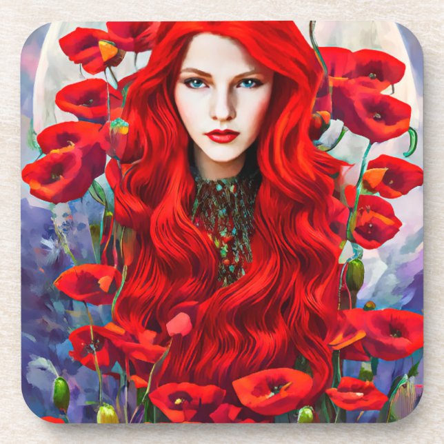 Porta-copo Red Hair Girl In Poppy Flowers (Frente)