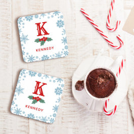 Porta-copo Red Holly Blue Snowflakes Monograma de Natal