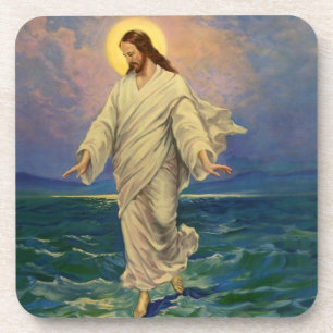 Porta-copo Religião Vintage, Cristo de Jesus caminha sobre ág