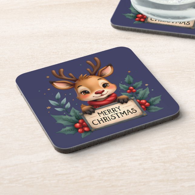 Porta-copo Rena de Natal Fofa com Azevinho e Placa (Left Side)
