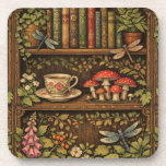 Porta-copo Retro book shelf mushrooms coffee floral<br><div class="desc">A cozy retro-inspired design featuring a charming bookshelf filled with vintage books,  delicate botanical accents,  dragonflies,  butterflies,  mushrooms and a comforting cup of tea or coffee.</div>