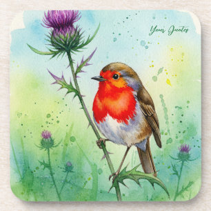 Porta-copo Robin Bird e Flor de Cardo Aquarela Botânica