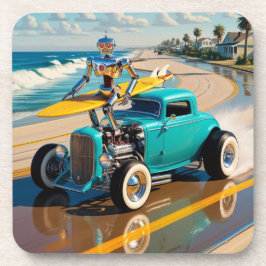 Porta-copo robô vintage com surfboard , na praia