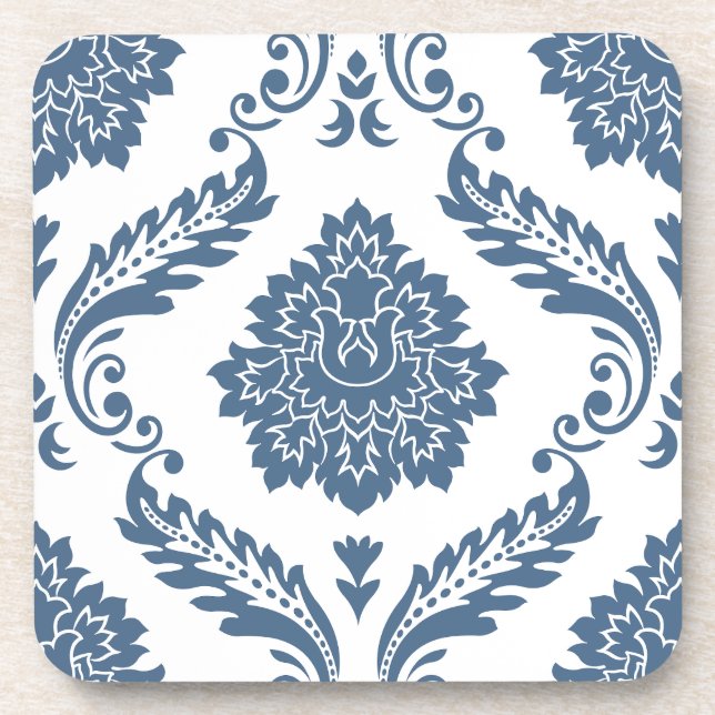 Porta-copo Rococo Damask Padrão Grande Azul no Branco (Frente)