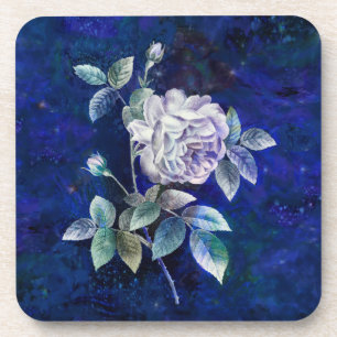 Porta-copo Rosa Branca em Fundo Azul-Marinho Texturizado