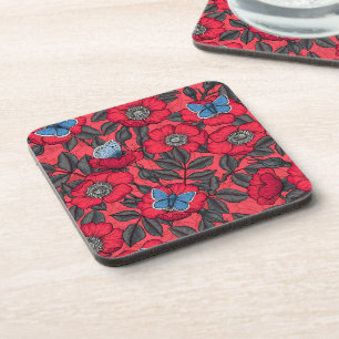 Porta-copo Rosa de cão e borboletas em vermelho e azul
