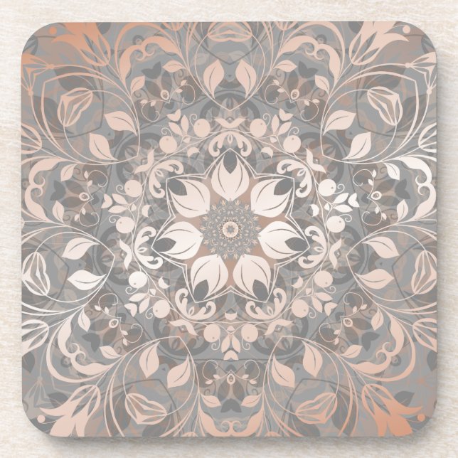 Porta-copo Rosa Dourado Cinza Floral Mandala (Frente)