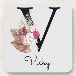 Porta-copo Rosa Moderno Boho Floral Inicial V