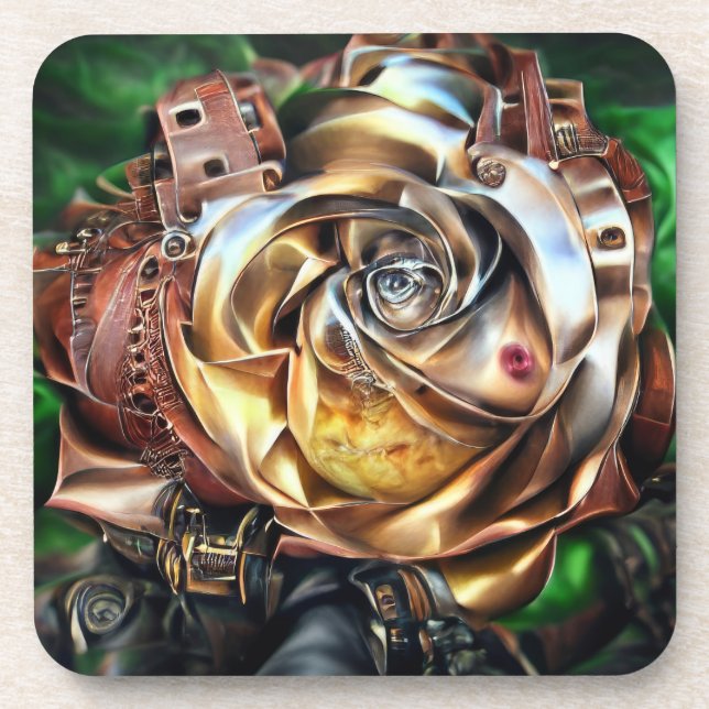 Porta-copo Rosa Steampunk com Face Surreal - Flor Mecânico (Frente)