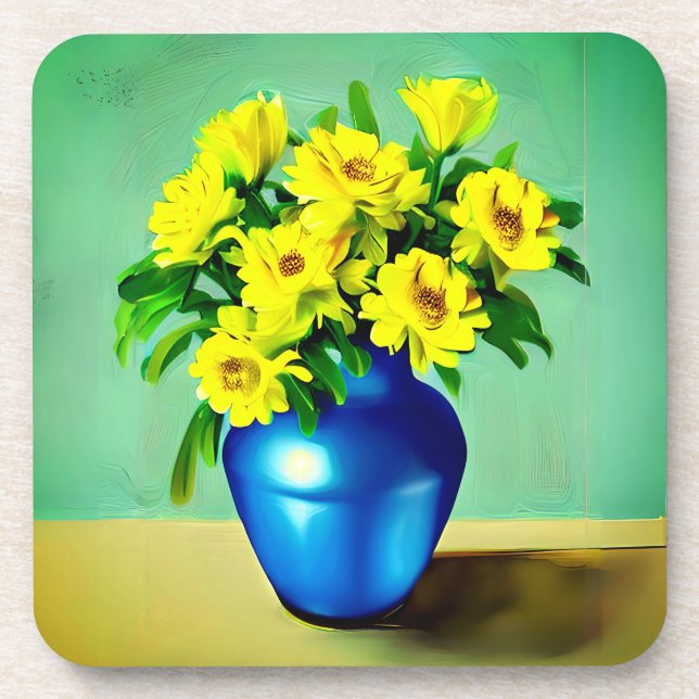 Porta-copo Rosas Amarelas em Arte Azul Vase Boho (Frente)