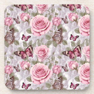 Porta-copo Rosas rosa e borboletas Aquarela Floral