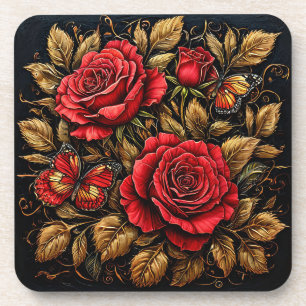 Porta-copo Rosas Vermelhas Elegantes e Borboletas