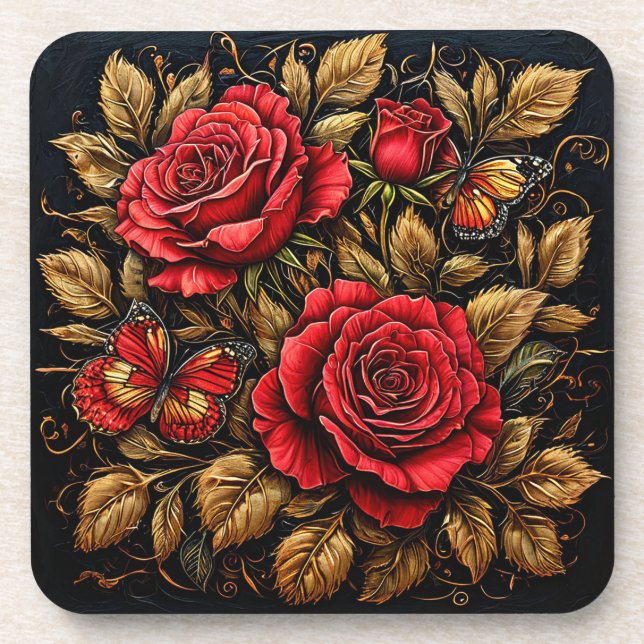 Porta-copo Rosas Vermelhas Elegantes e Borboletas (Frente)