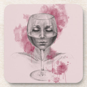 Porta-copo Rosto de mulher em vinho, arte surreal de desenho