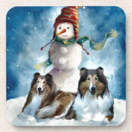 Porta-copo Rough Collie com Snowman no Natal