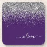Porta-copo Roxo Silver Glitter Girly Monographic Nome<br><div class="desc">Portas copos de papel com o nome do monograma do script Glitter roxo e prateado. Isso faz a formatura perfeita,  aniversário,  casamento,  chá de panela,  aniversário,  chá de fraldas ou presente de festa de solteira para alguém que ama luxo de vidro e estilos quíticos.</div>