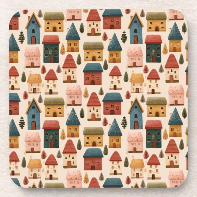 Porta-copo Rustic Festive Christmas Houses Seamless Pattern (Frente)