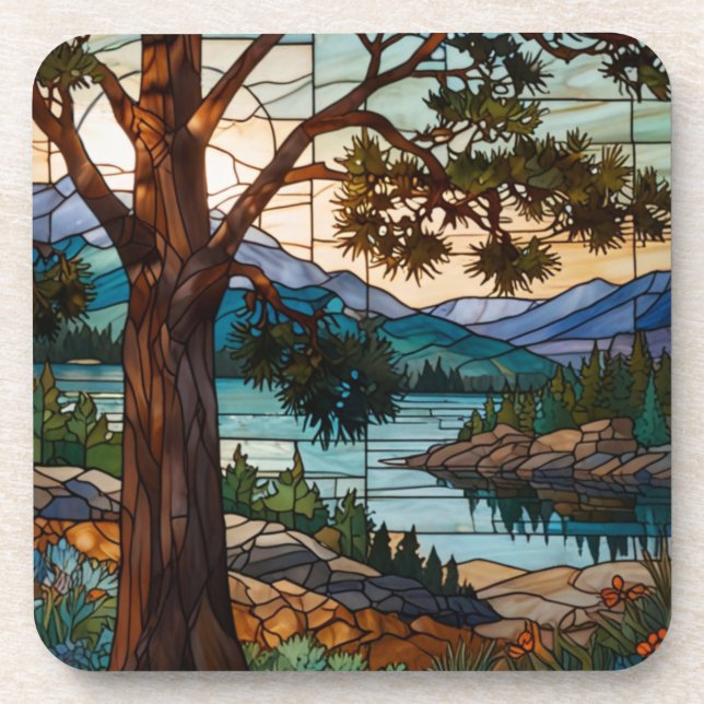 Porta-copo Rustic mountain range landscape stain glass  (Frente)