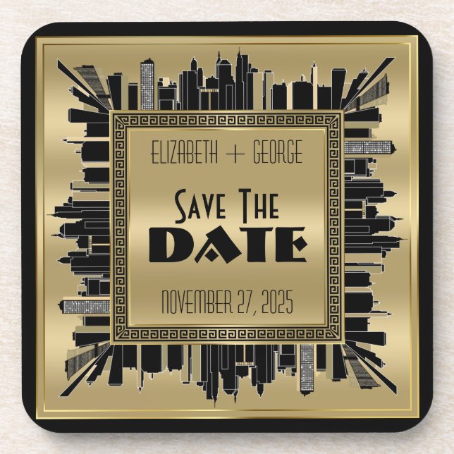 Porta-copo Salve a data Art Deco Gatsby Glamor Dourado Preto (Frente)
