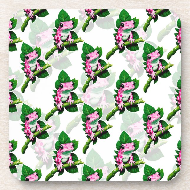 Porta-copo Sapo Rosa No Padrão De Folha Verde Design (Frente)