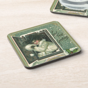 Porta-copo Saudações de Ano Novo Vintage, Garota Vitoriana na